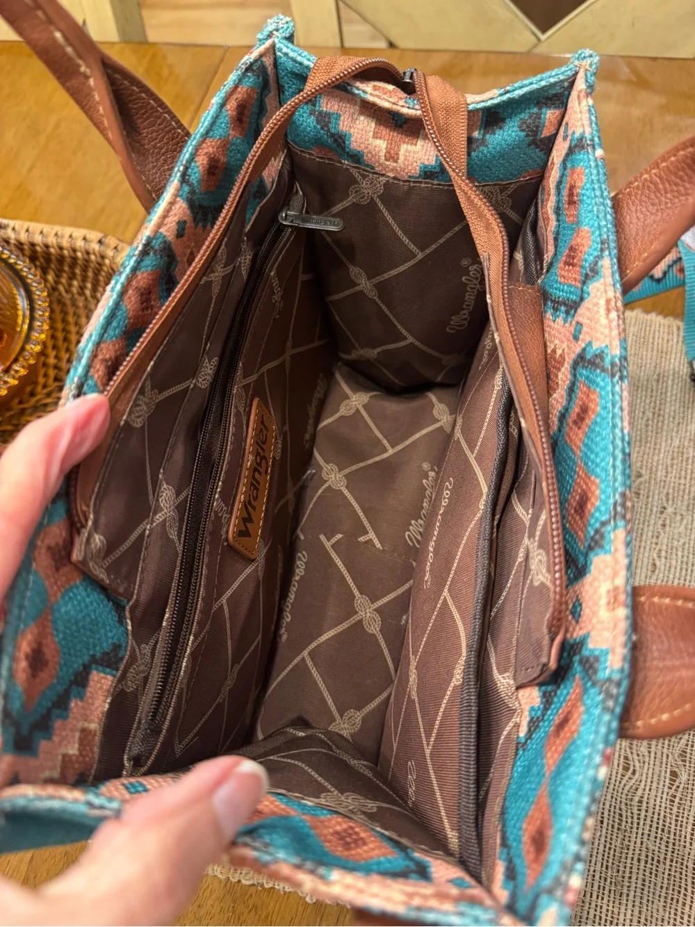 Wrangler Turquoise Aztec Canvas Satchel Crossbody Western Bag
